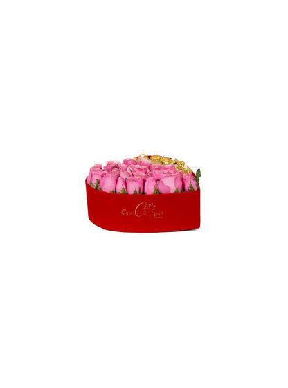 Kırmızı Kadife Kalp Kutu İçerisinde Pembe gül ve Rocher Çikolata
