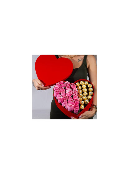 Kırmızı Kadife Kalp Kutu İçerisinde Pembe gül ve Rocher Çikolata