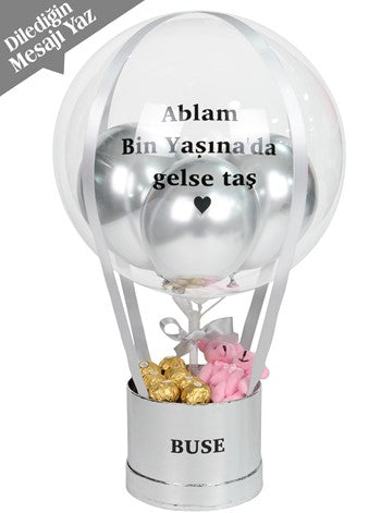 Gümüş Balon Kutusu Çikolata ve Ayıcık Kişiye Özel