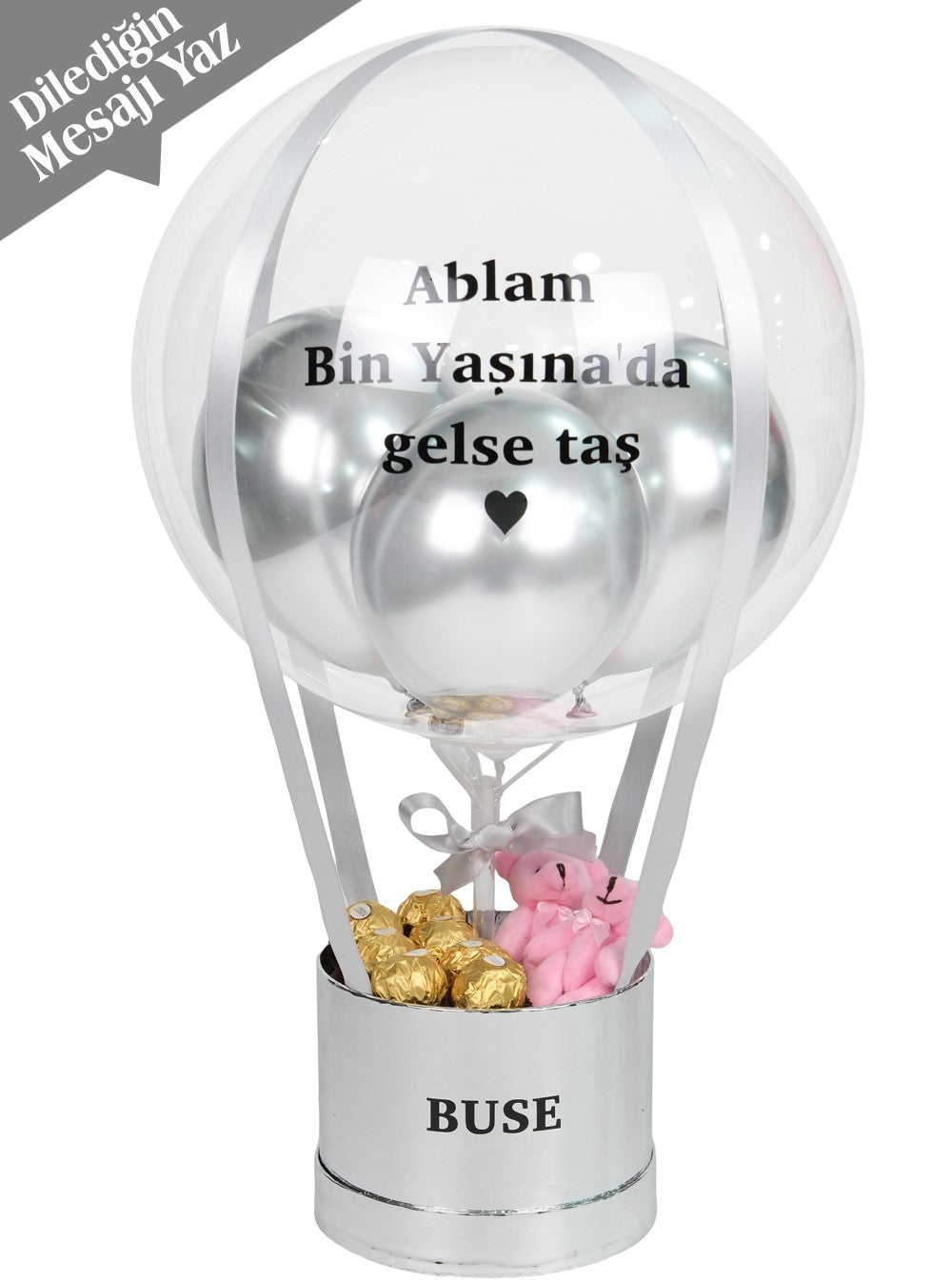 Gümüş Balon Kutusu Çikolata ve Ayıcık Kişiye Özel