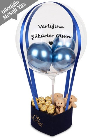 Blue Dream Teddy Bear and Chocolate Balon Kutusu Kişiye Özel