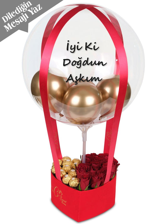 Red Dream Rose and Chocalate Balon Kutusu Kişiye Özel