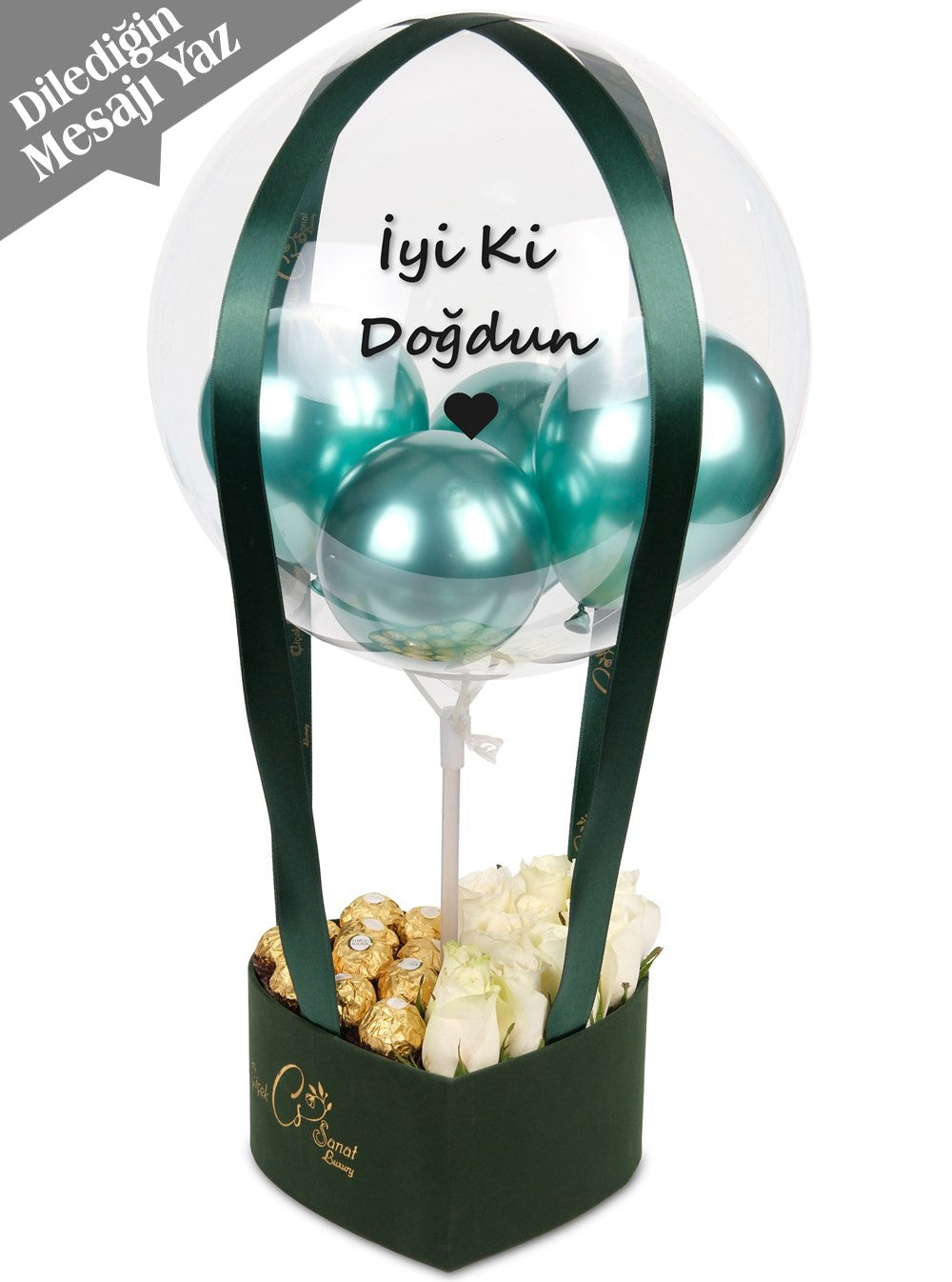 Green Hearth Chocalate Balon Kutusu Kişiye Özel