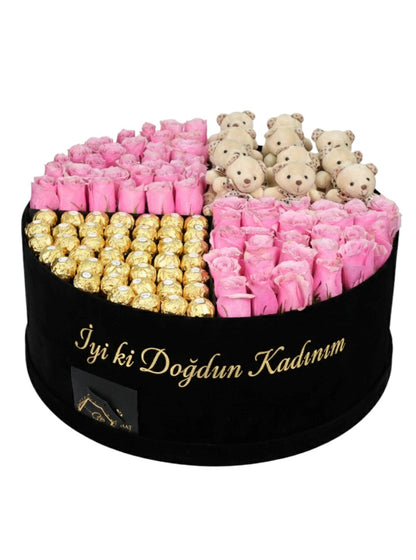 Dev Kutuda Pembe Güller Ayıcık ve Çikolata Vip