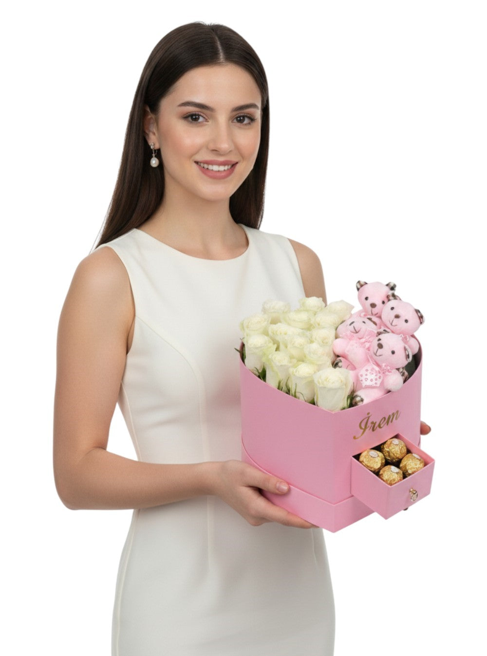 Pembe Kalp Çekmeceli Kutuda Gül Ayıcık ve Çikolata