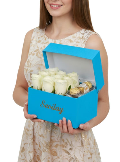 Blue Box White Rose and Chocolatte