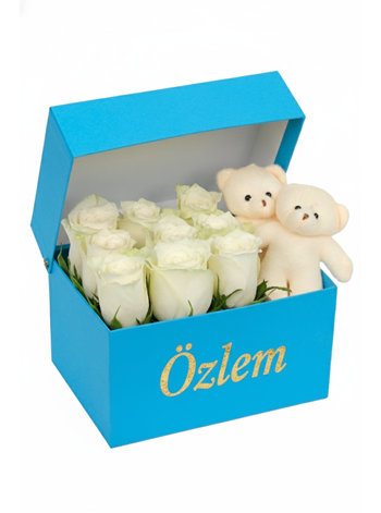 Blue Box White Rose and Teddy Bear