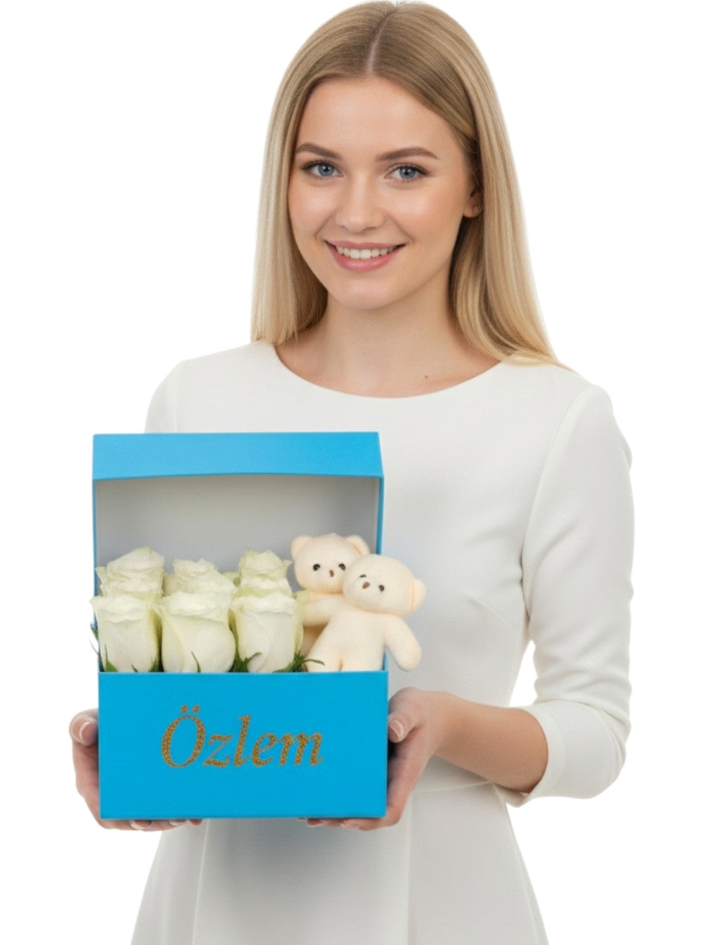 Blue Box White Rose and Teddy Bear