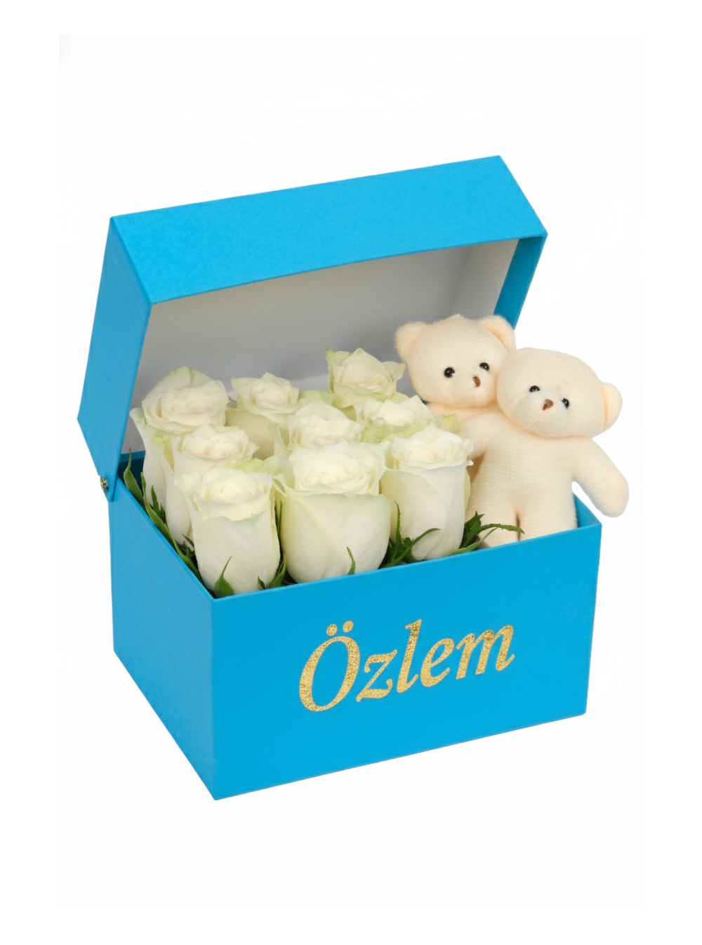 Blue Box White Rose and Teddy Bear