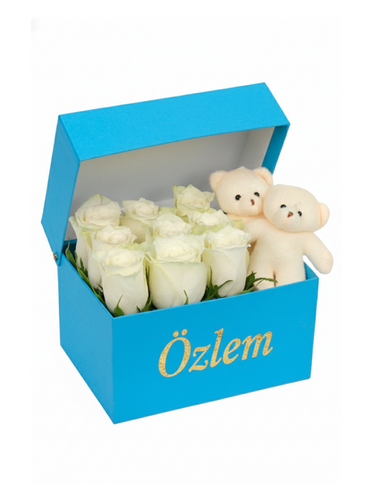 Blue Box White Rose and Teddy Bear