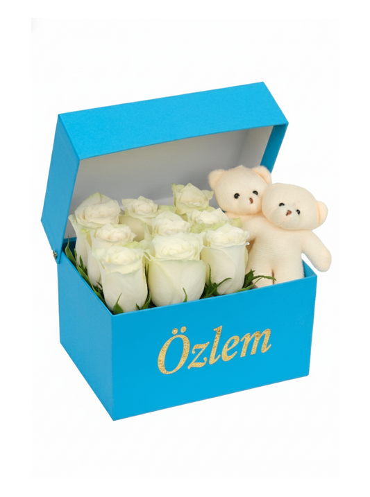Blue Box White Rose and Teddy Bear