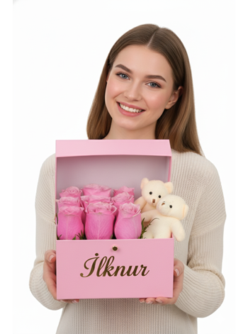 Pink Box Pembe Güller ve Teddy Bear