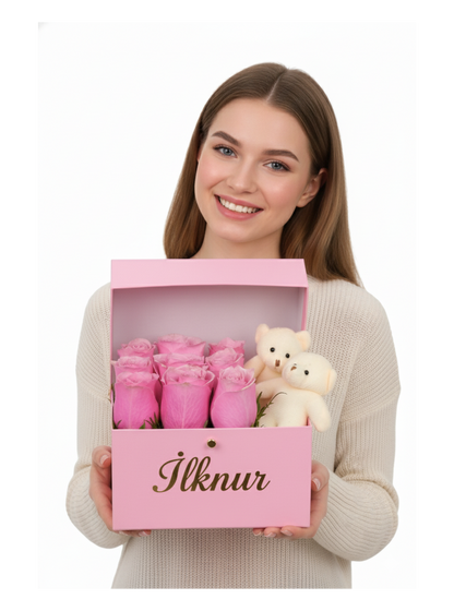 Pink Box Pembe Güller ve Teddy Bear