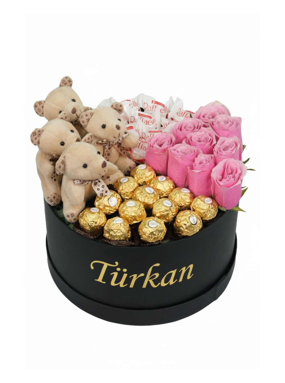 Yuvarlak Kutuda Pembe Güller Çikolata ve Ayıcık