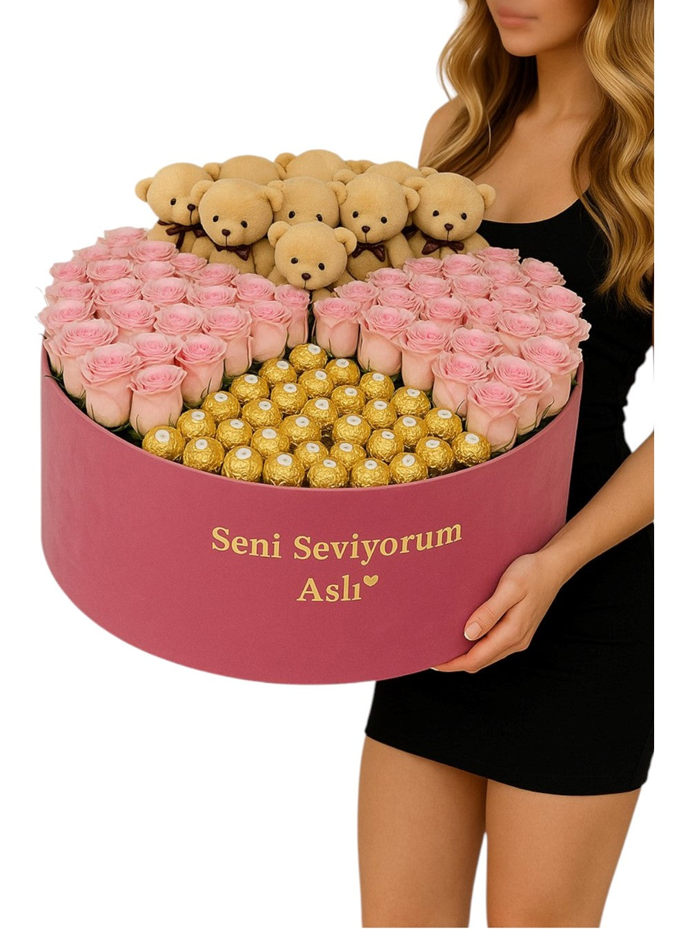 Pembe Kadife Dev Kutuda Gül ve Rocher Çikolata