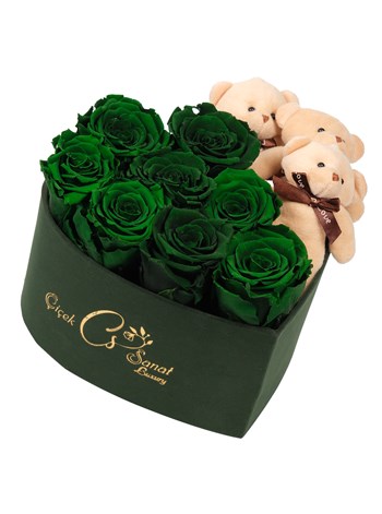 Green Box Solmayan Yeşil Gül ve Ayıcık