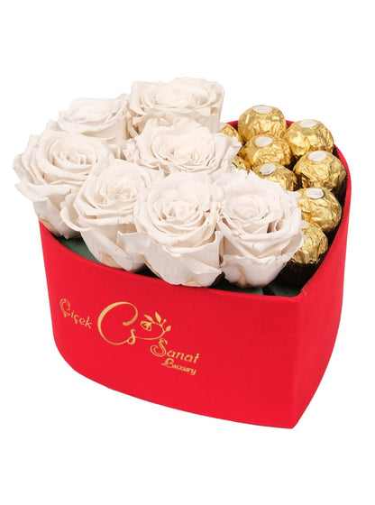 Red Box Solmayan Beyaz Gül ve Rocher Çikolata