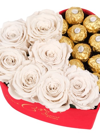 Red Box Solmayan Beyaz Gül ve Rocher Çikolata