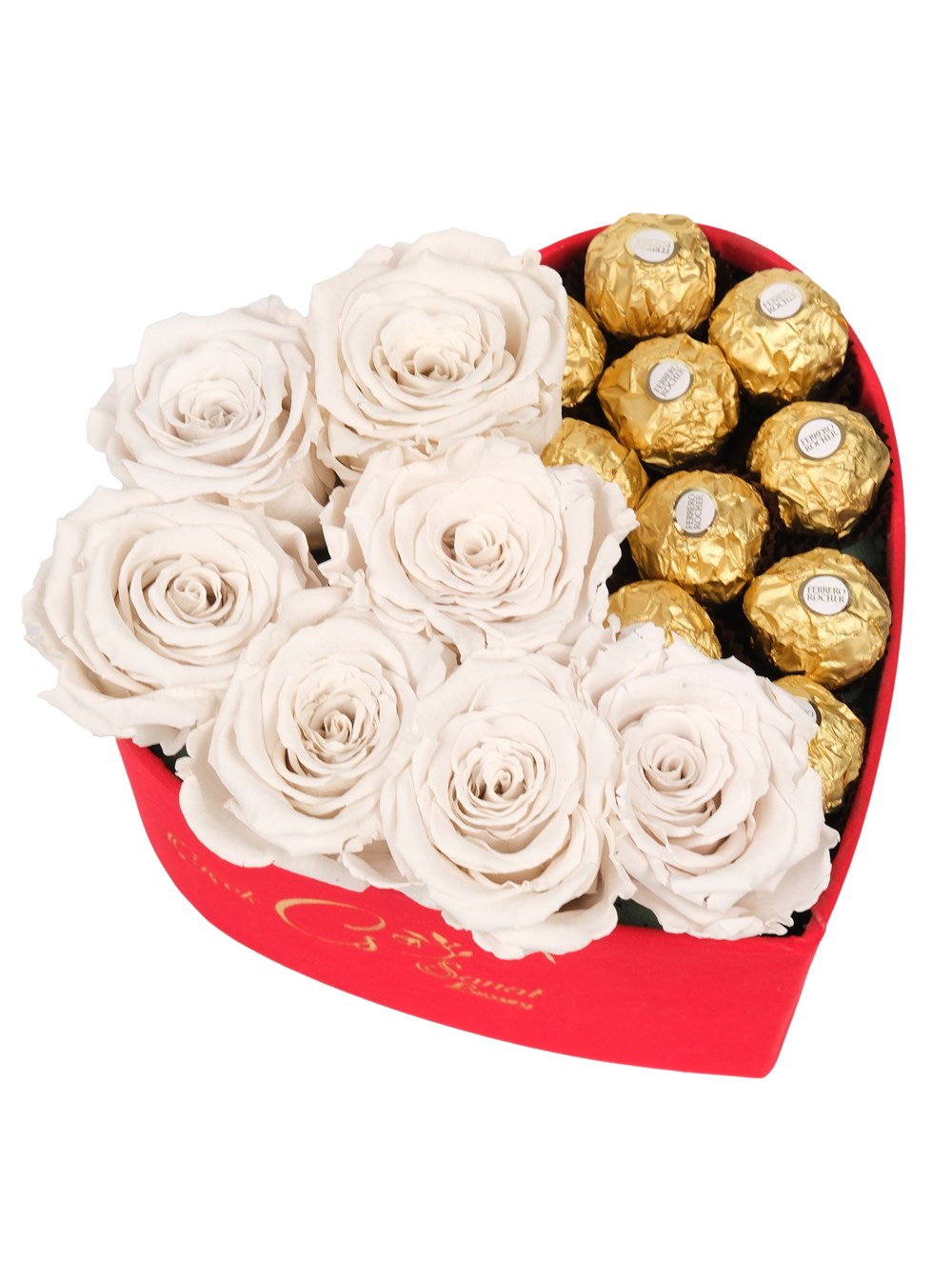 Red Box Solmayan Beyaz Gül ve Rocher Çikolata