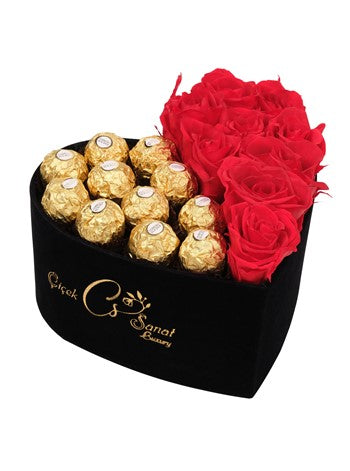 Black Box Canlı Kırmızı Gül ve Rocher Çikolata