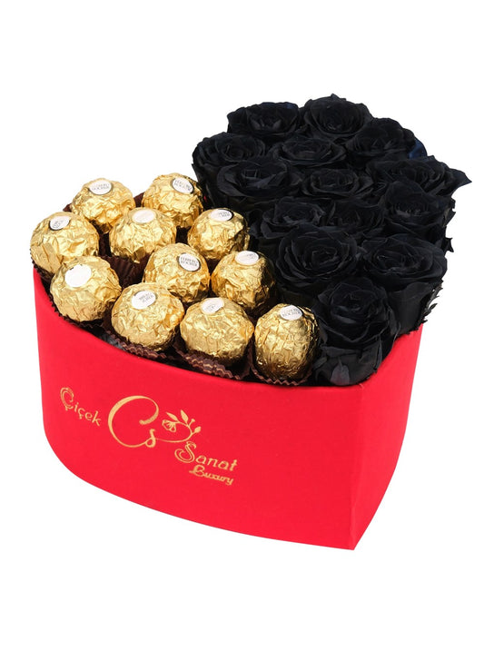 Red Box Siyah Solmayan Gül ve Rocher Çikolata