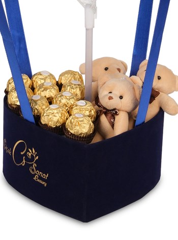 Blue Dream Teddy Bear and Chocolate Balon Kutusu Kişiye Özel
