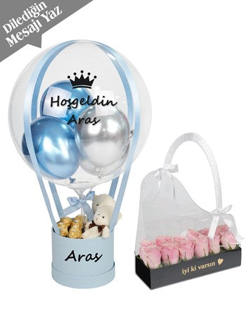 Açık Mavi Balon Kutusu Yenidoğan Bebek Seti