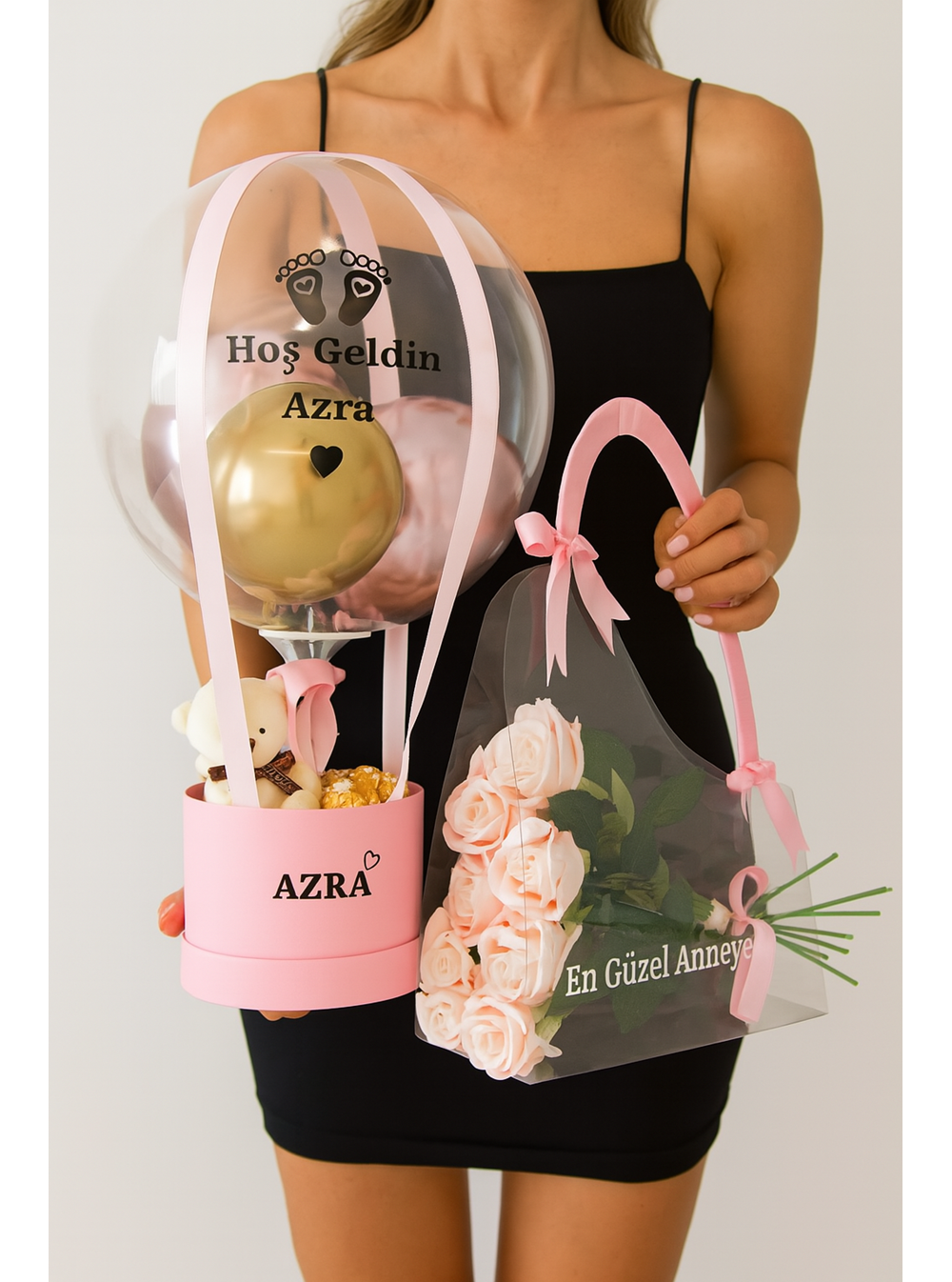 Anne Bebek Hediyesi Balon Kutusu Seti Pembe Gold