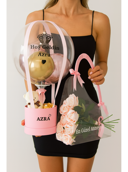 Anne Bebek Hediyesi Balon Kutusu Seti Pembe Gold