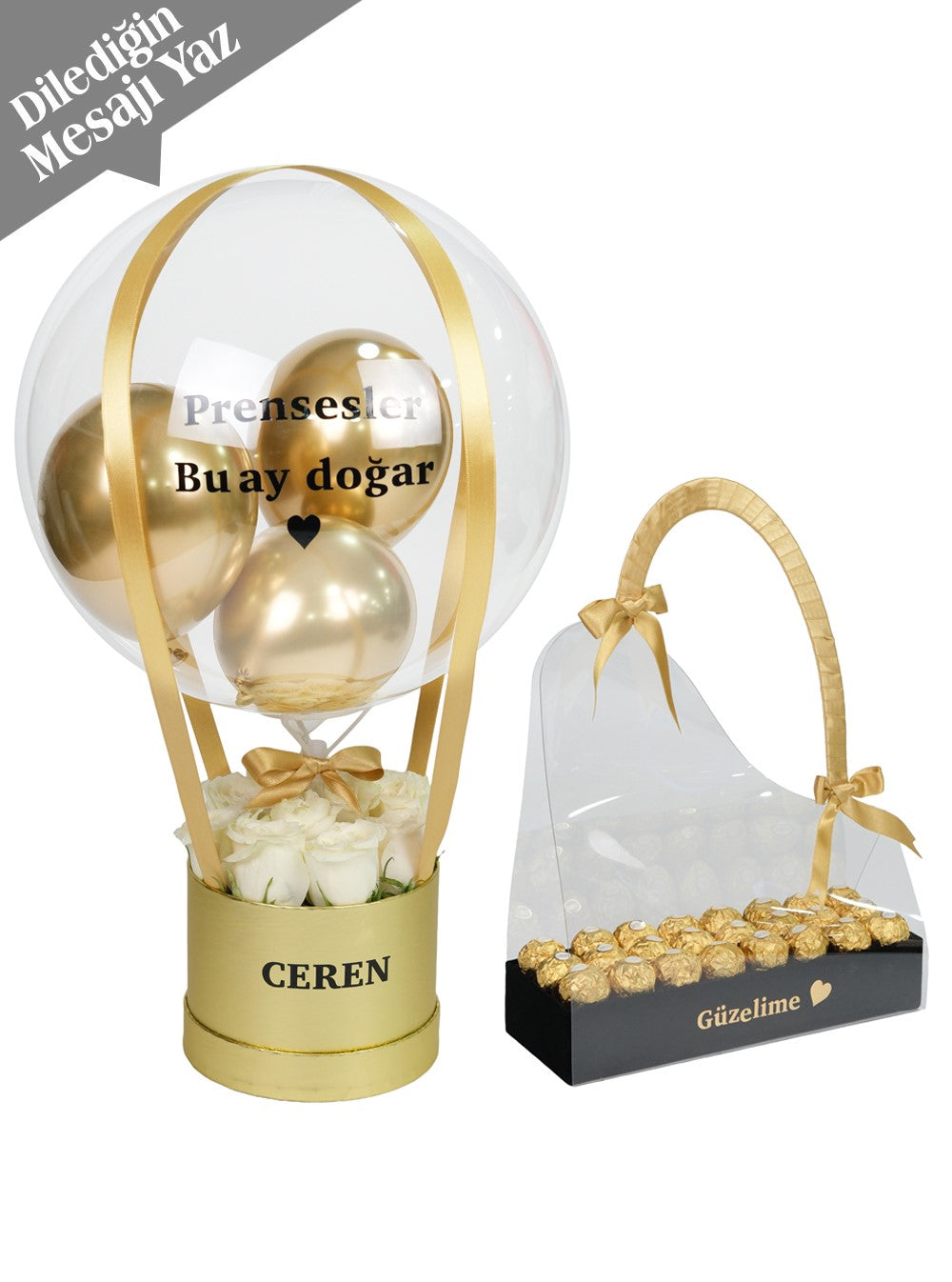 Gold Serisi Beyaz Güller ve Çikolatalar Balon Kutusu Set