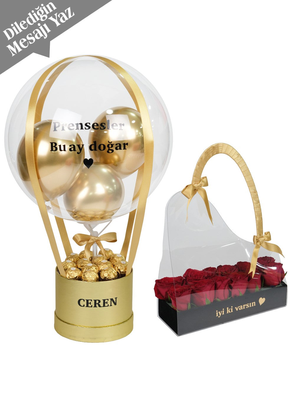 Gold Serisi Balon Kutusu ve Kırmızı Gül Çanta Set