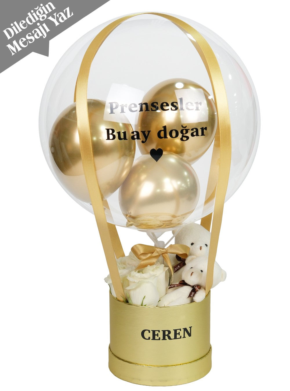 Gold Serisi Balon Kutusu Beyaz Gül ve Ayıcık