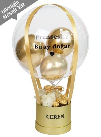Gold Serisi Beyaz Güller ve Çikolata Balon Kutusu