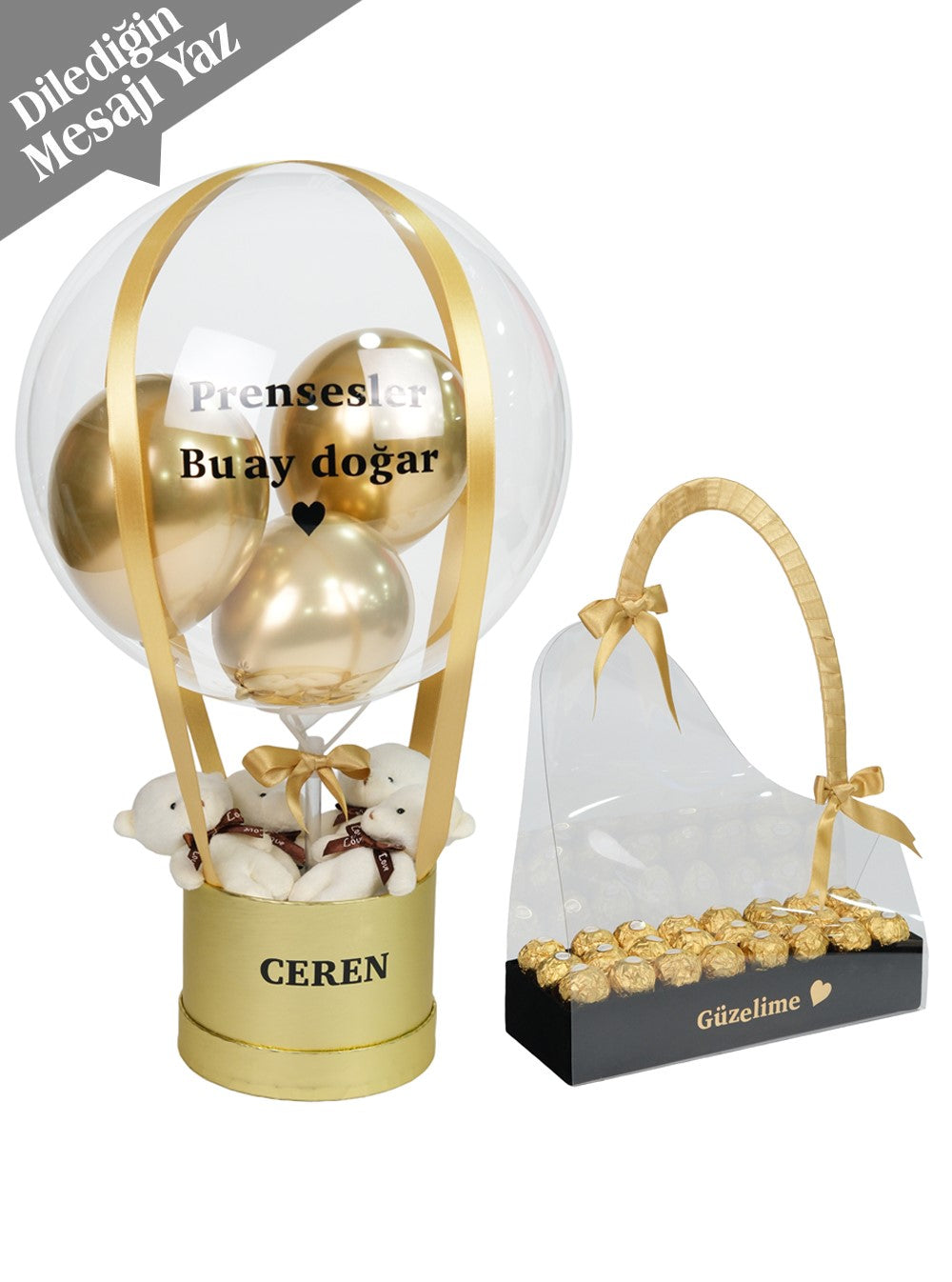 Gold Seri Balon Kutusu Set Çikolata ve Ayıcık