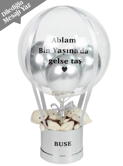 Gümüş Balon Kutusu Kişiye Özel Ayıcıklı
