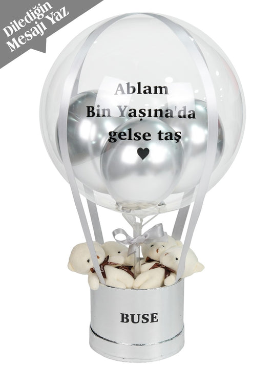 Gümüş Balon Kutusu Kişiye Özel Ayıcıklı