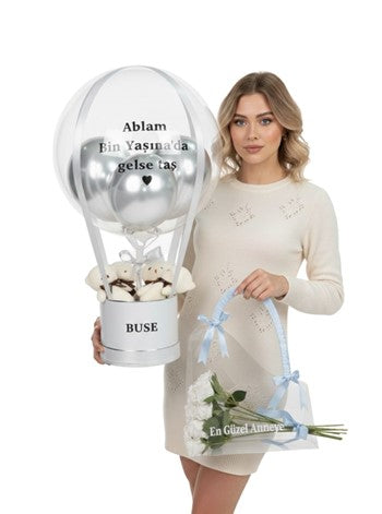 Gümüş Tema Balon Kutusu ve Çanta Set