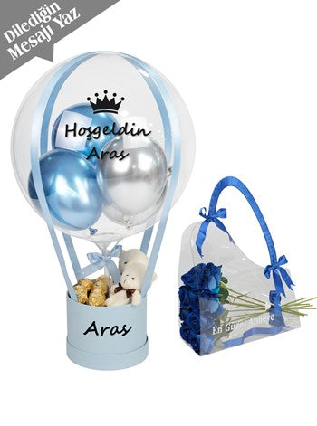 Açık Mavi Çikolata ve Ayıcık Balon Kutusu Set