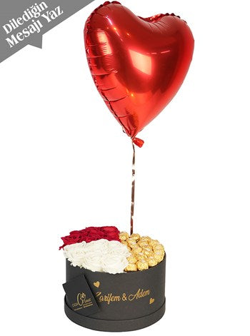 Premium Kalıcı Güller Rocher Çikolatalar ve Uçan Kalp Balon