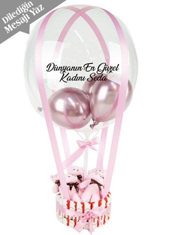 Kinder Kaplı Pembe Ayıcıklı Çikolatalı Balon Kutusu
