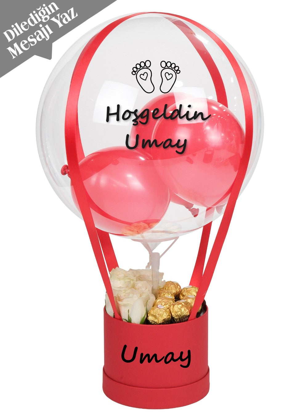 Kırmızı Balon Kutusu Beyaz Güller ve Çikolata
