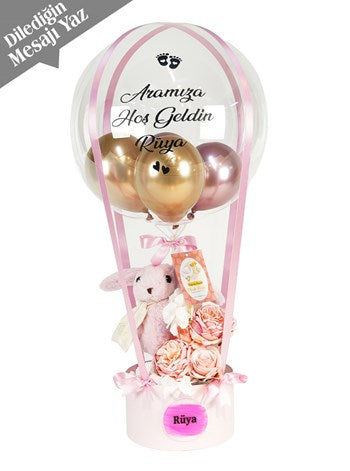 Premium Tavşan ve Şakayık Balon Kutusu Pembe