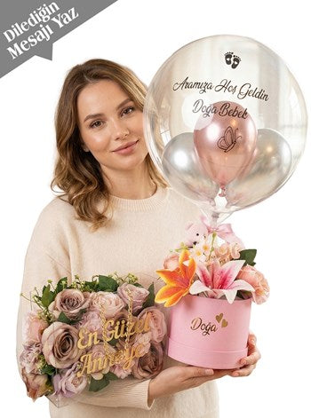 Kişiye Özel Yapay Çiçekli Balon Kutusu Set Vip