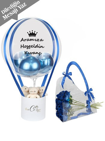 Beyaz Mavi Kişiye Özel Balon ve Çanta Set
