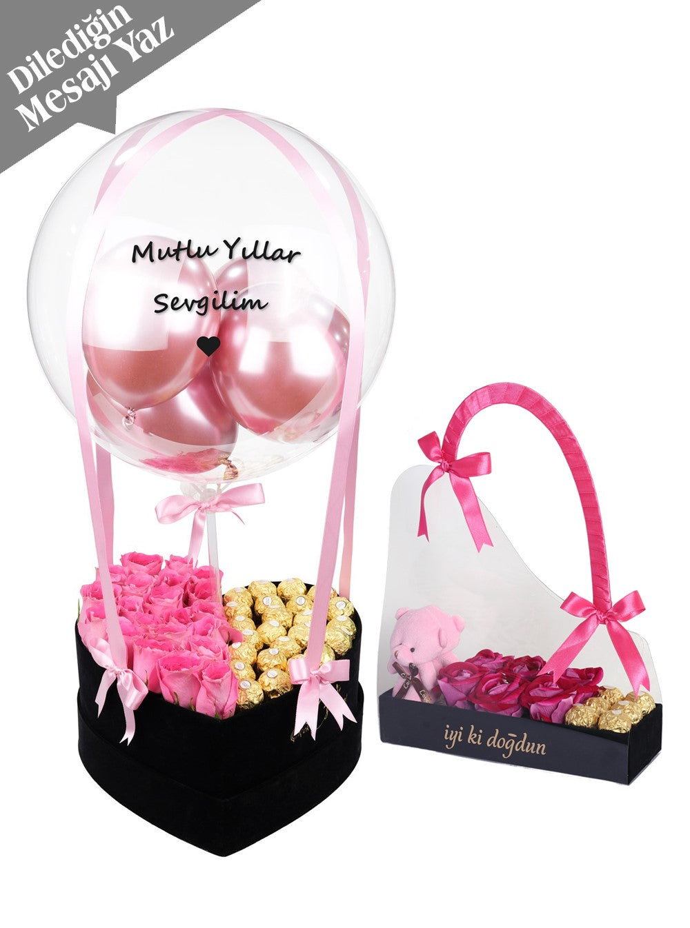 Mutlu Yıllar Sevgilim Pembe Güllü Çikolatalı Hediye Seti