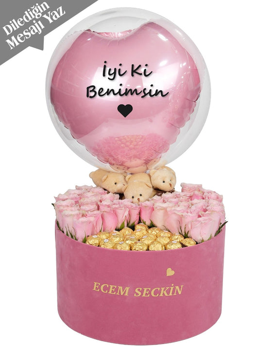 Pembe Konsept Kutu Gül Çikolata ve Balon Kutusu