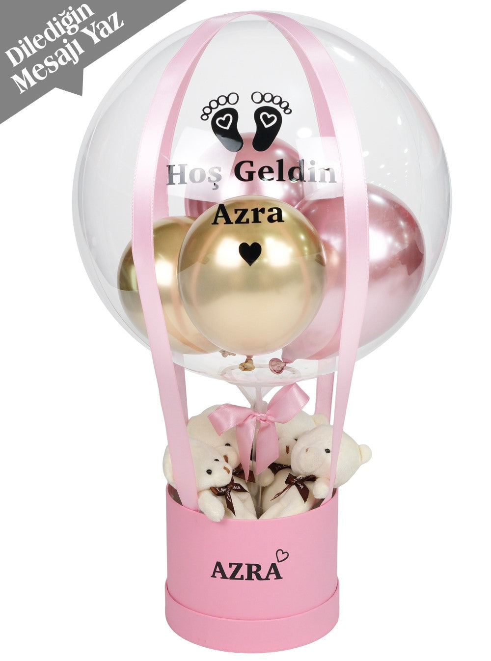 Yenidoğan Bebek Hediyesi Pembe Gold Ayıcıklı Balon Kutusu