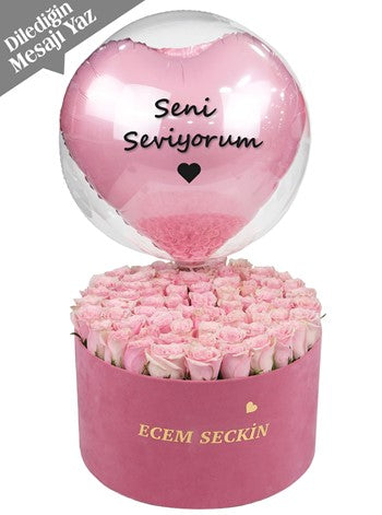 Kadife Dev Kutuda Pembe İthal Güller Balon Kutusu