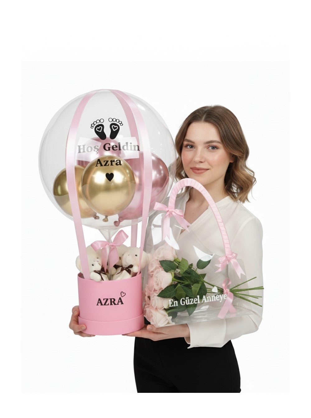 Pembe Gold Balon Kutusu Kalıcı Gül Seti