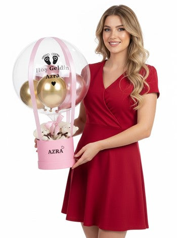Yenidoğan Bebek Hediyesi Pembe Gold Ayıcıklı Balon Kutusu
